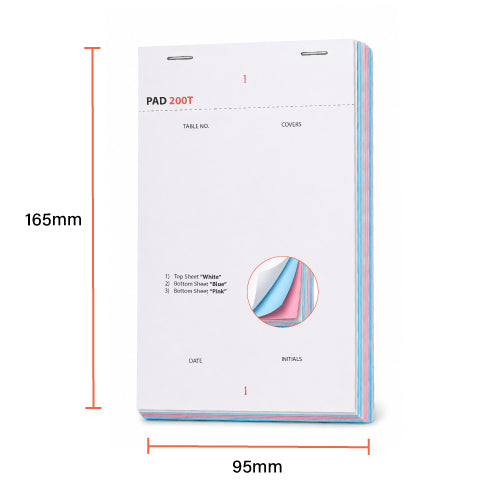 PAD200T-100 - Large 3 Ply Carbonless Triplicate Waiter Pads